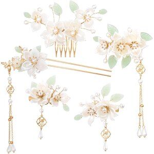 5PCS Camellia Flower Hairpins with Rhinestones for Elegant Updos & Weddings